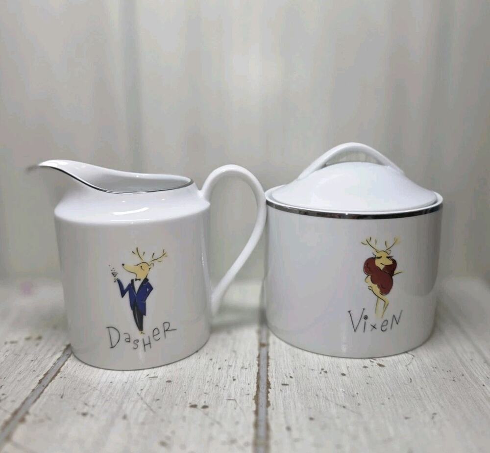 Vtg Pottery Barn Christmas Reindeer Dasher Vixen Creamer & Sugar Bowl Japan NIB